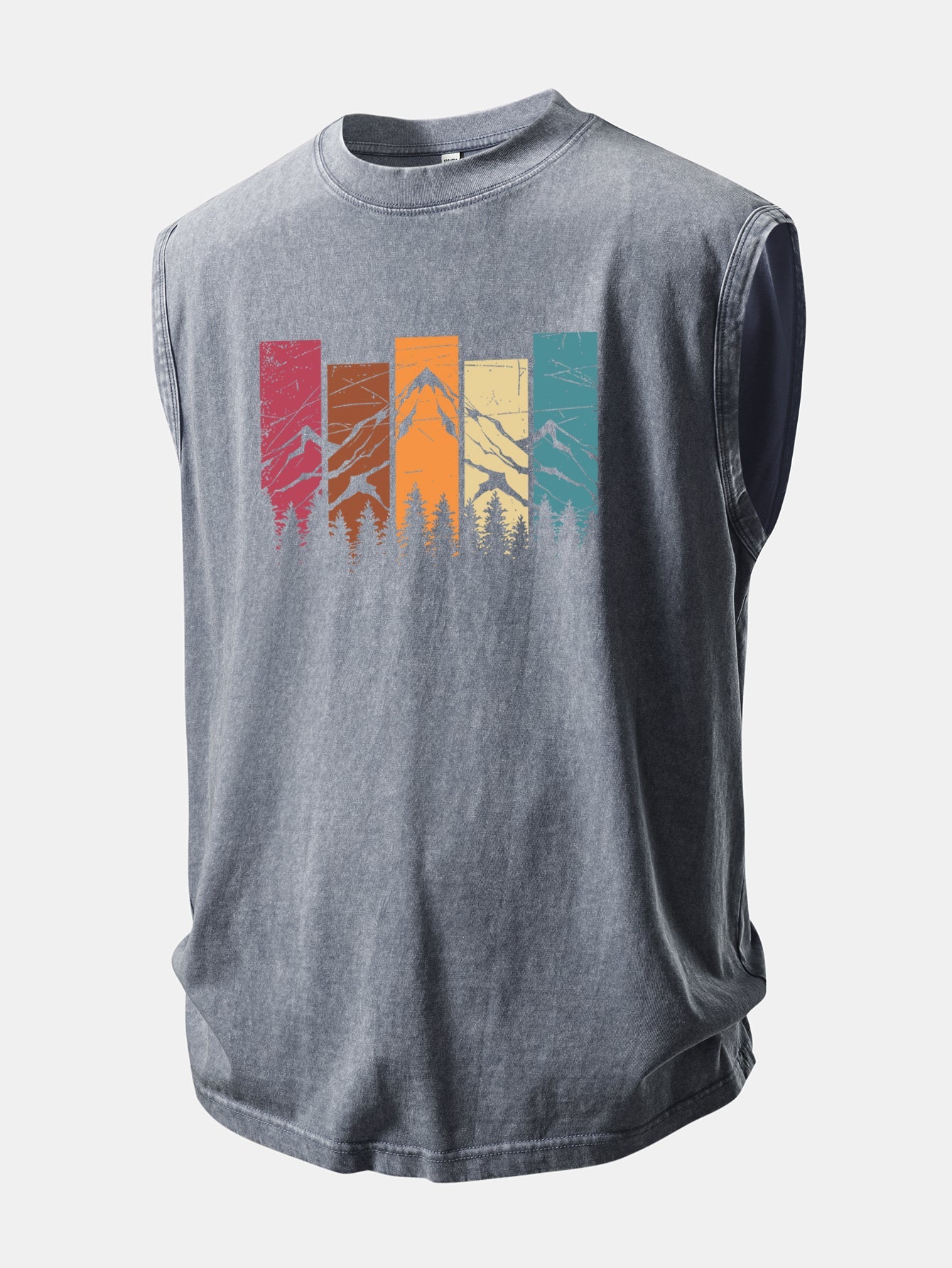 Colorful Mountain Print Washed Distressed Tank Top