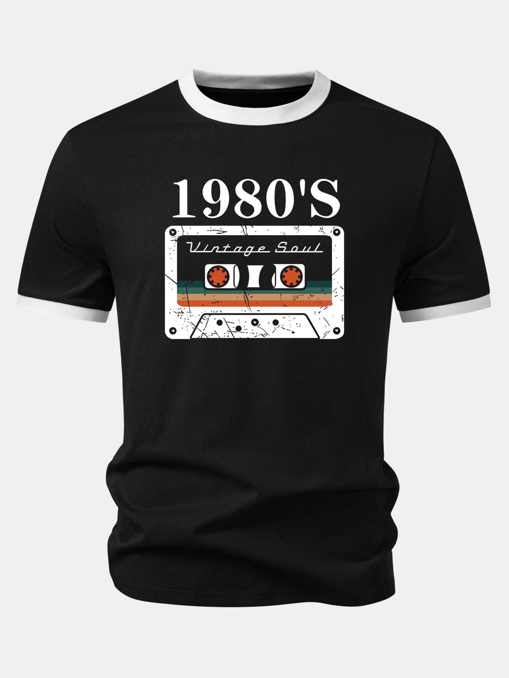 1980‘s Cassette Tape Print Contrast Ringer T-Shirt