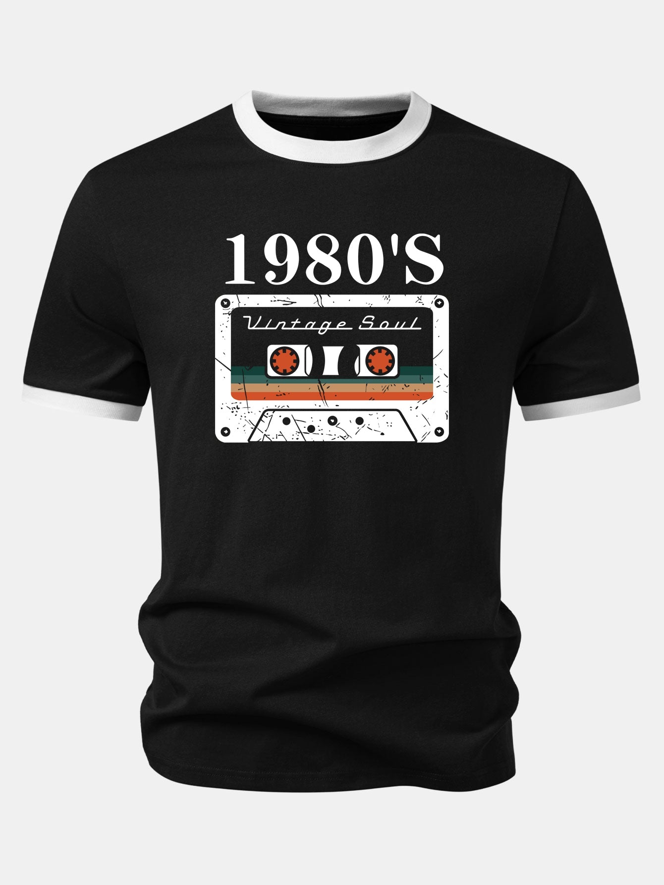 1980‘s Cassette Tape Print Contrast Ringer T-Shirt
