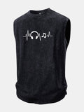 Music Heartbeat Print Washed Distressed Tank Top