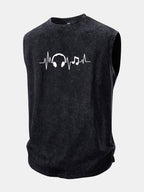 Music Heartbeat Print Washed Distressed Tank Top