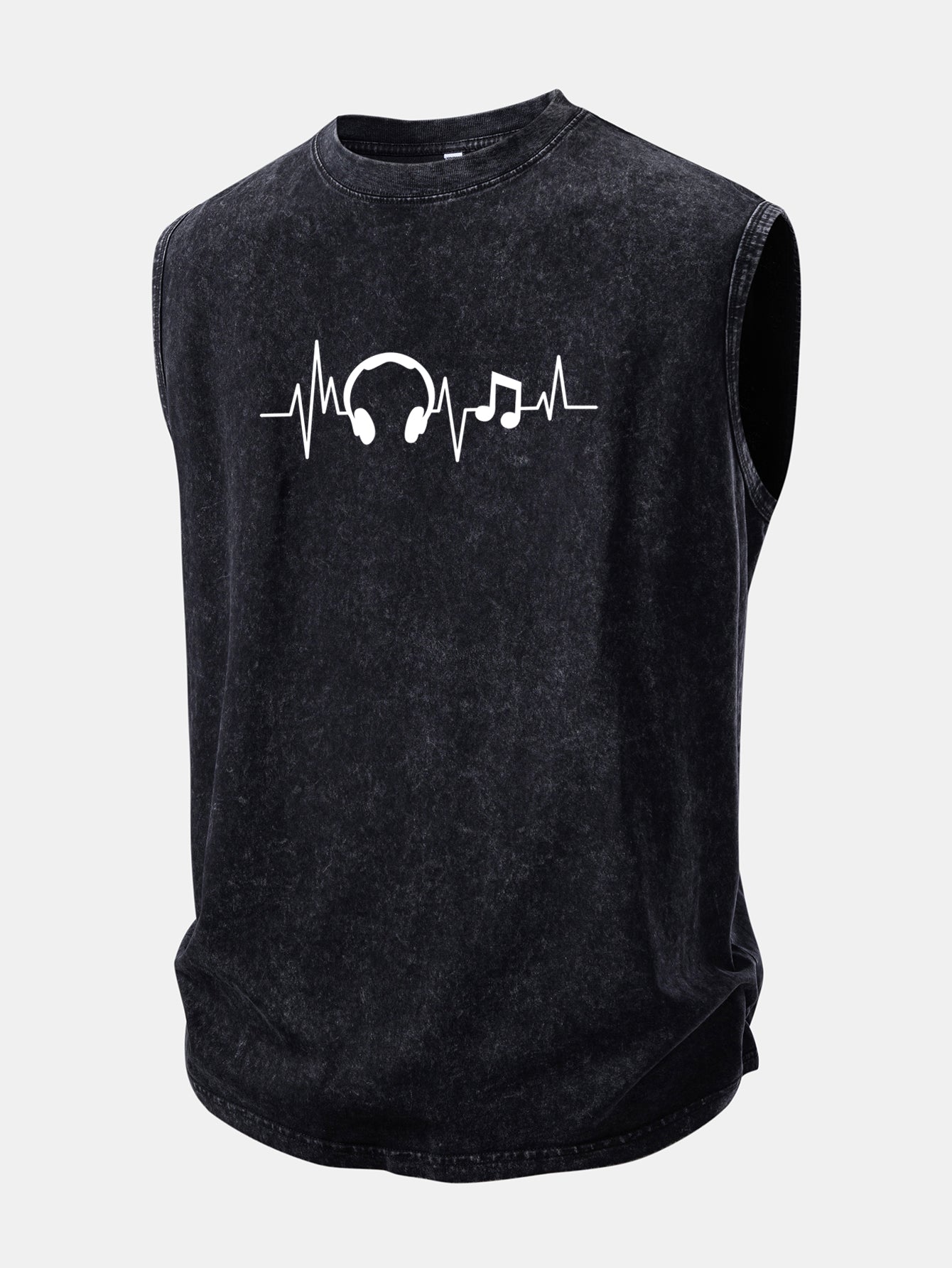 Music Heartbeat Print Washed Distressed Tank Top