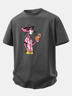 Relax Fit Vacation Pink Panther Print Crew Collar T-Shirt  & Drawstring Jersey 7" Shorts