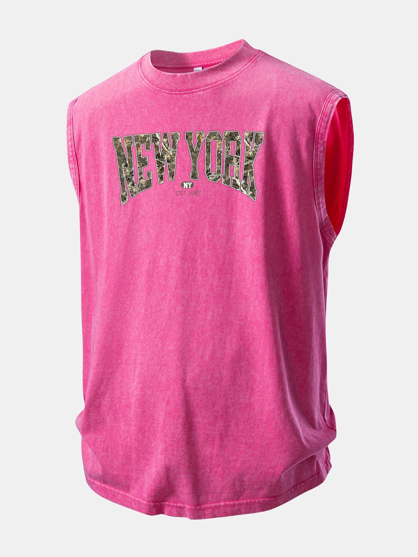 Camouflage New York Print Washed Distressed Tank Top