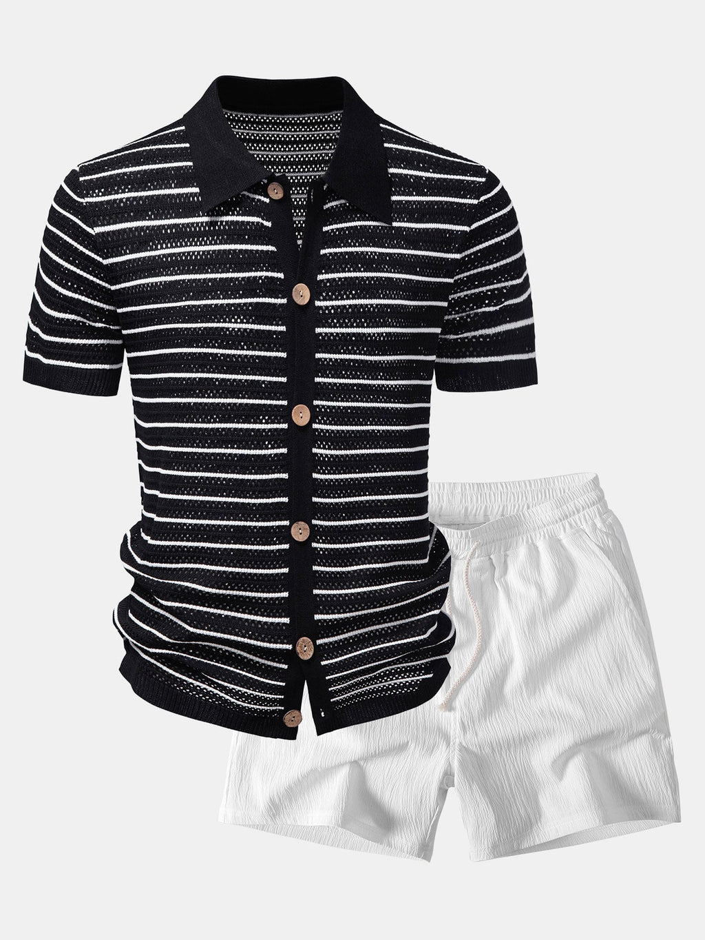 Stripe Open Knit Shirt & Crinkle Textured Drawstring 5" Shorts