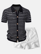 Stripe Open Knit Shirt & Crinkle Textured Drawstring 5" Shorts
