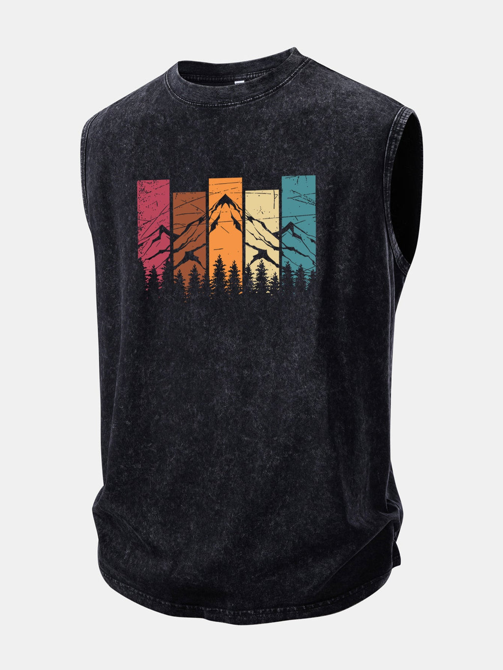 Colorful Mountain Print Washed Distressed Tank Top