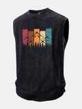 Colorful Mountain Print Washed Distressed Tank Top