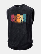 Colorful Mountain Print Washed Distressed Tank Top