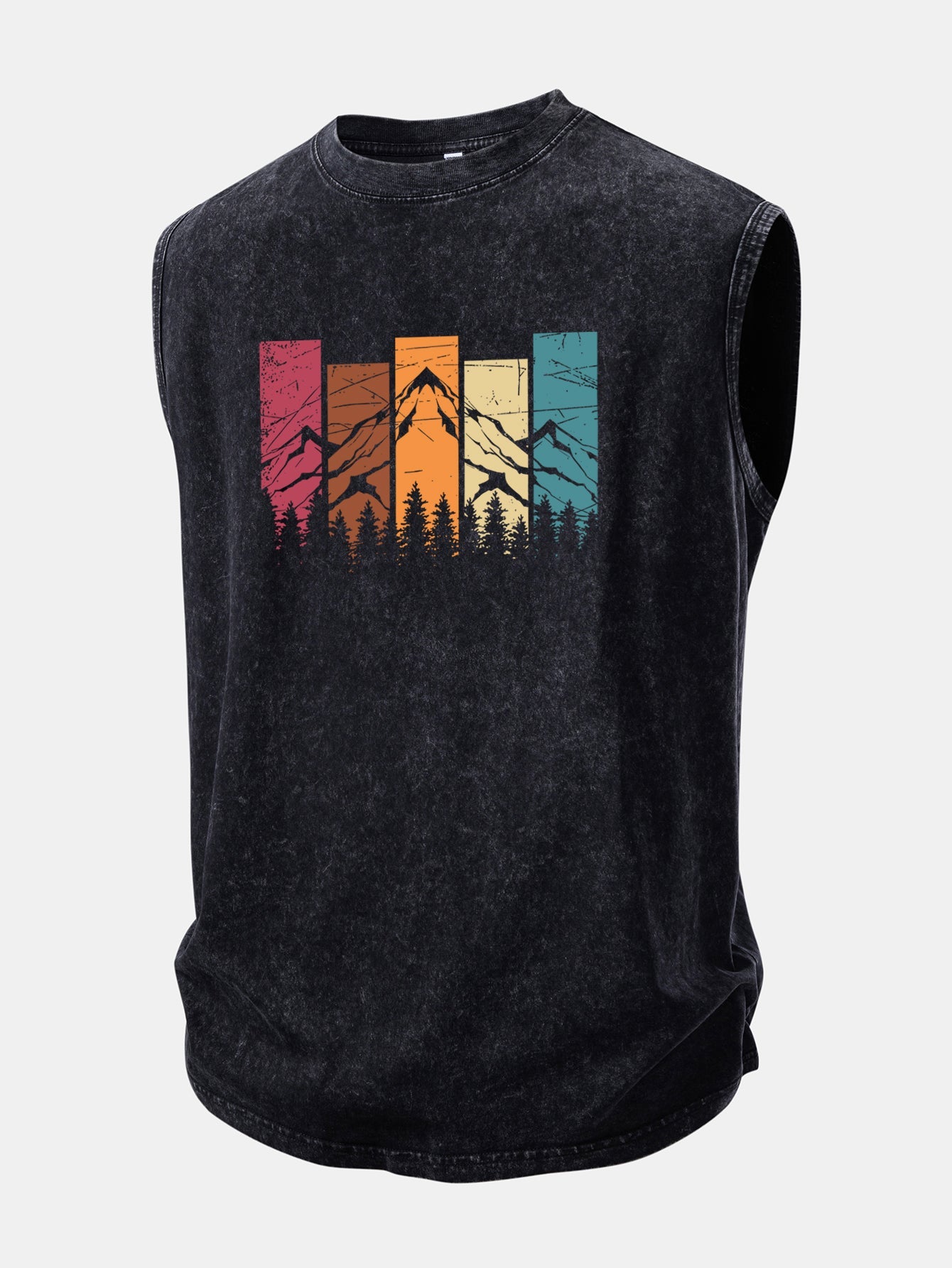Colorful Mountain Print Washed Distressed Tank Top