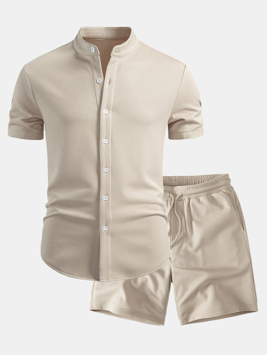 Muscle Fit Waffle Stand Collar Shirt & Drawstring 7" Shorts Set