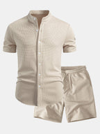Muscle Fit Waffle Stand Collar Shirt & Drawstring 7" Shorts Set