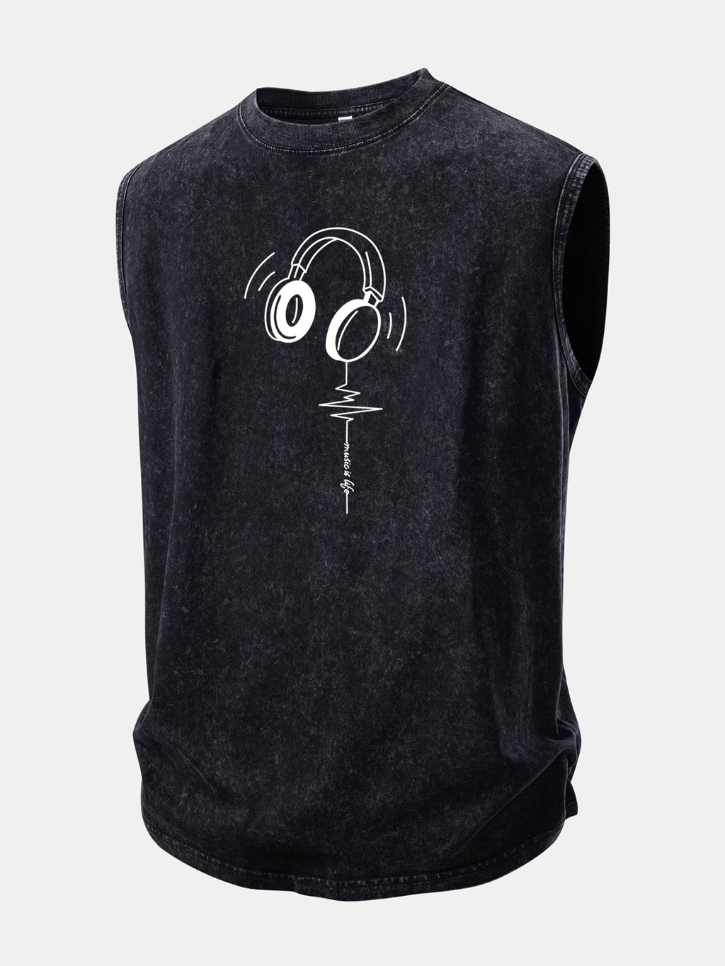 Earphone Heartbeat Print Washed Distressed Tank Top