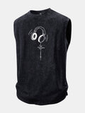 Earphone Heartbeat Print Washed Distressed Tank Top