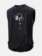 Earphone Heartbeat Print Washed Distressed Tank Top