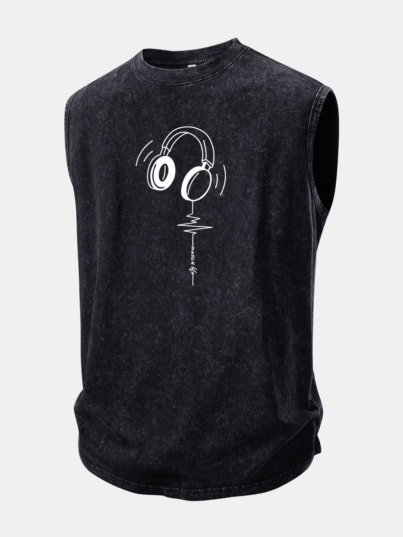 Earphone Heartbeat Print Washed Distressed Tank Top