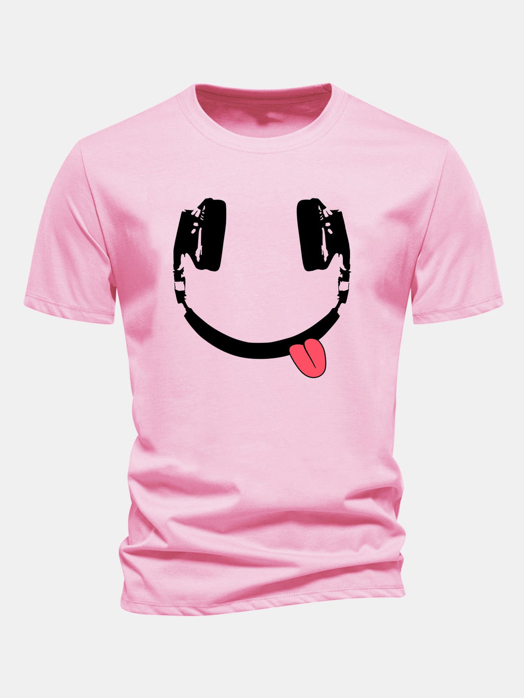 Regular Fit Headphone Smiley Face Print Cotton T-Shirt
