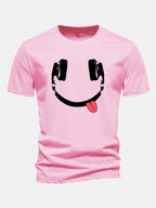 Regular Fit Headphone Smiley Face Print Cotton T-Shirt