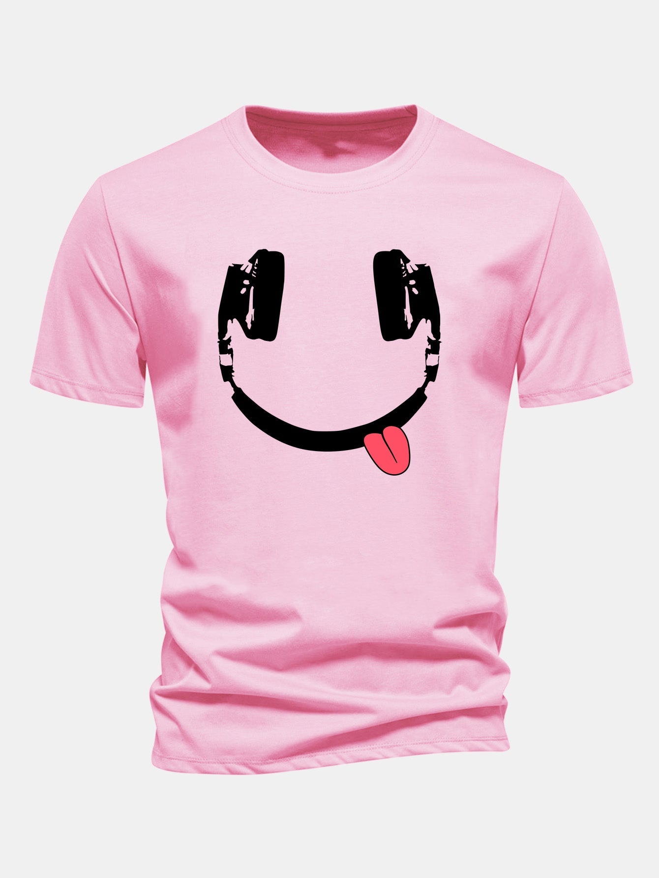 Regular Fit Headphone Smiley Face Print Cotton T-Shirt