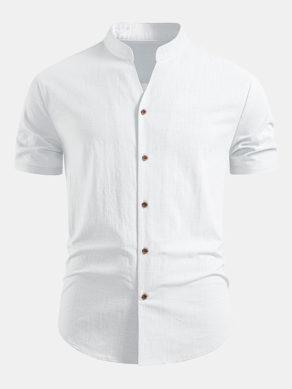 Linen Look V-Neck Stand Collar Shirt