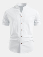 Linen Look V-Neck Stand Collar Shirt