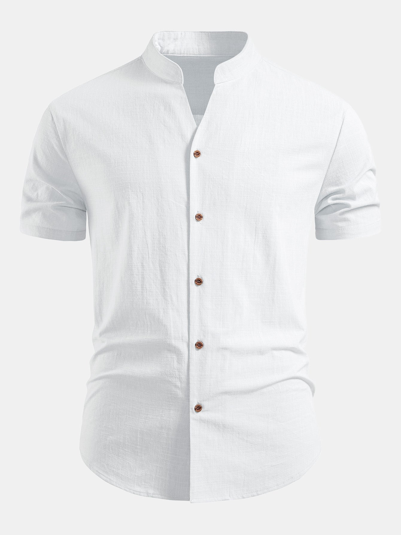 Linen Look V-Neck Stand Collar Shirt