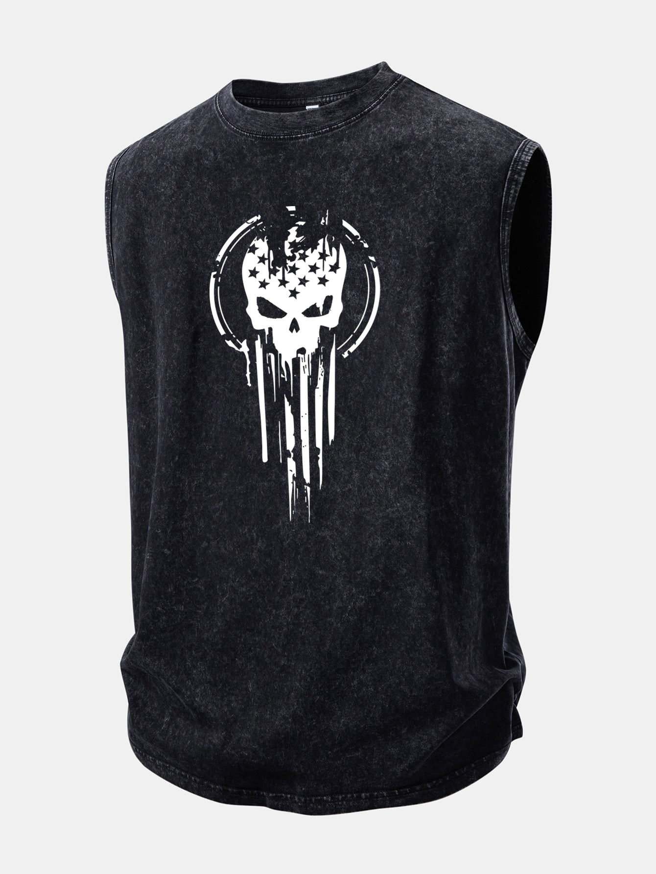 American Flag Skull Print Washed Distressed Tank Top
