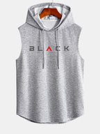 Black Print Curved Hem Sleeveless Hooded Tank Top