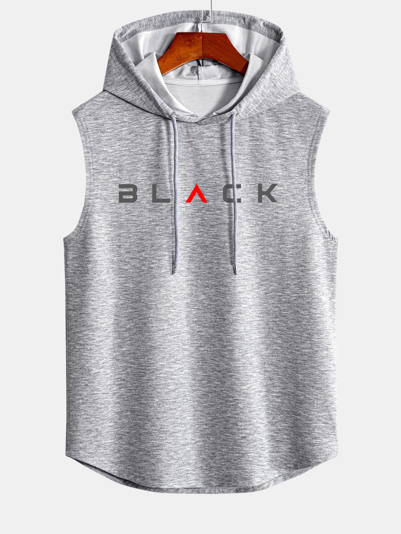 Black Print Curved Hem Sleeveless Hooded Tank Top