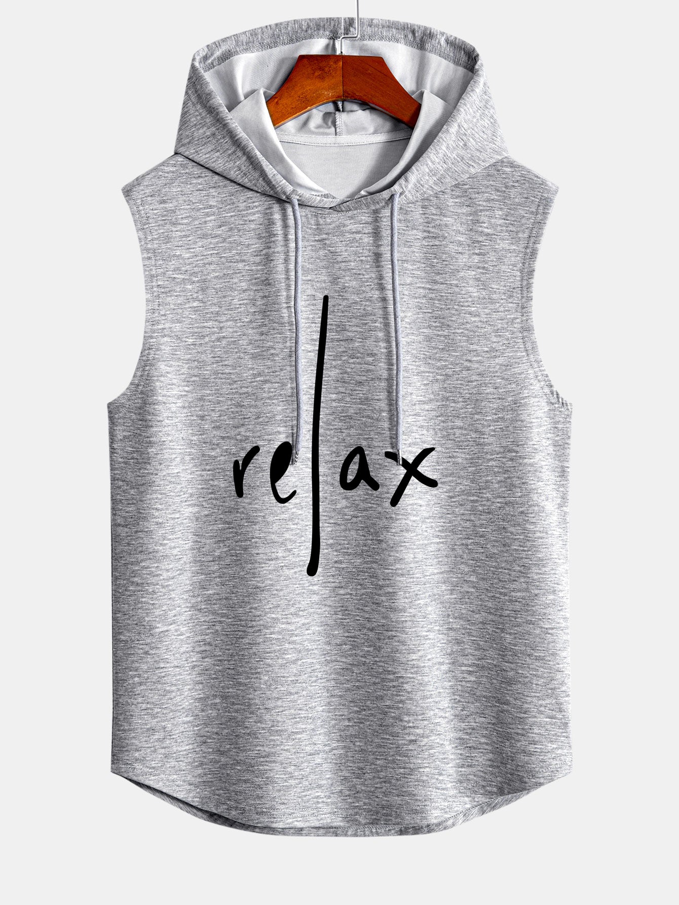 Relax Print Curved Hem Sleeveless Hooded Tank Top