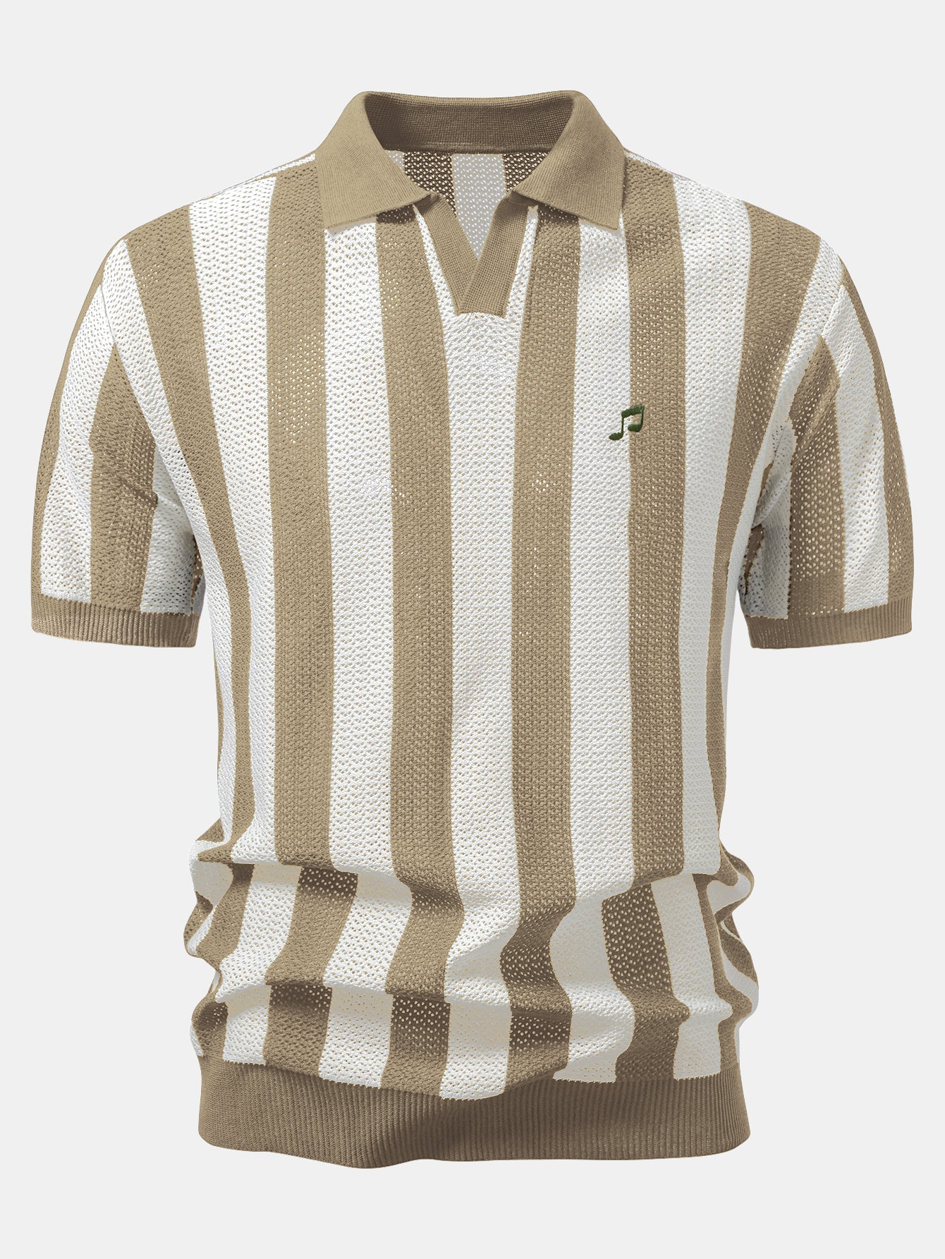 Striped V Neck Open Knit Polo & Crinkle Textured Drawstring 5" Shorts