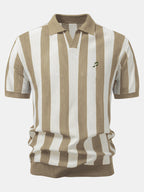Striped V Neck Open Knit Polo