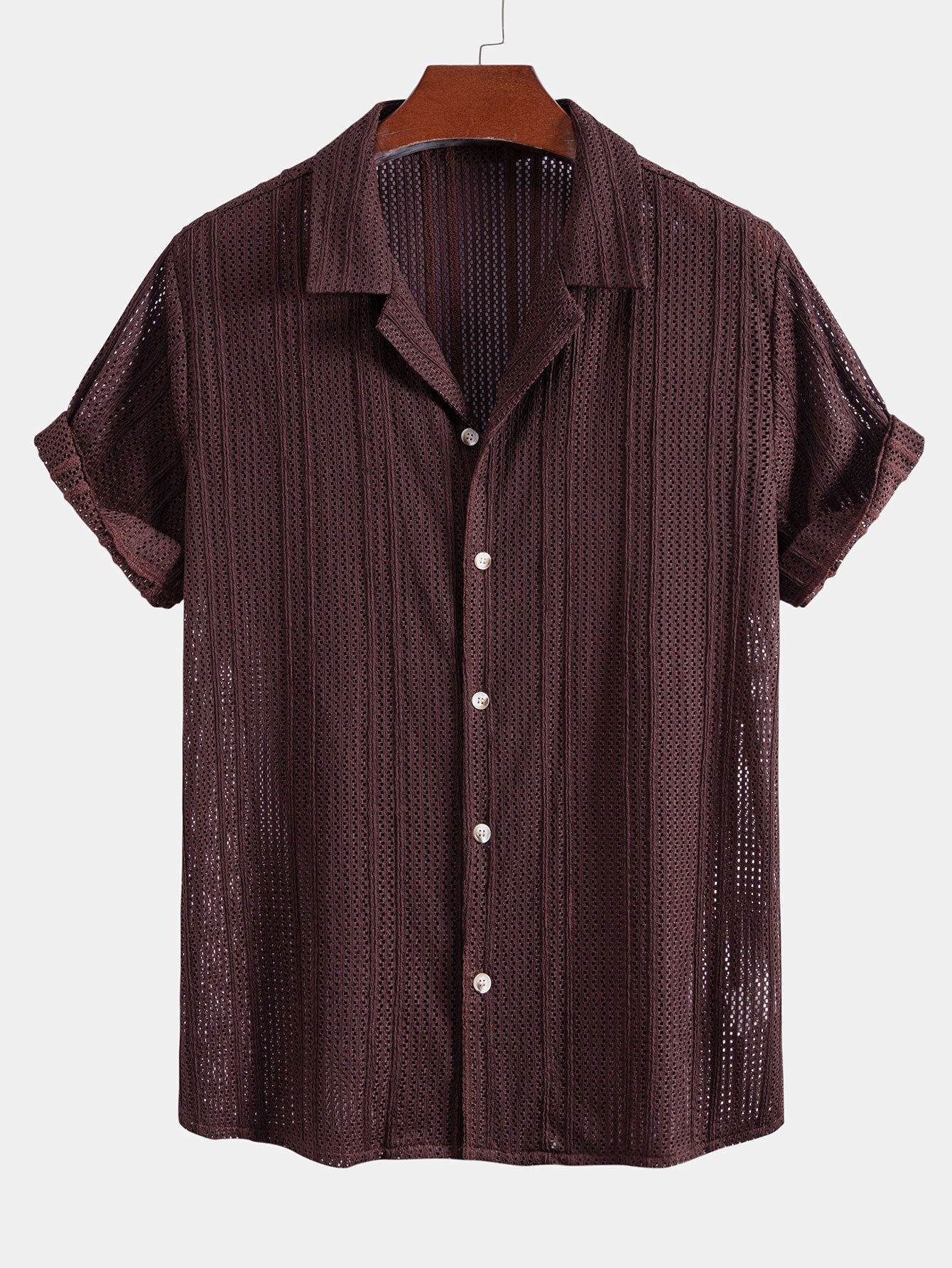 Open Knit Textured Cuban Collar Shirt & Crinkle Textured Drawstring 5" Shorts