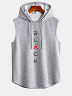Black Print Curved Hem Sleeveless Hooded Tank Top
