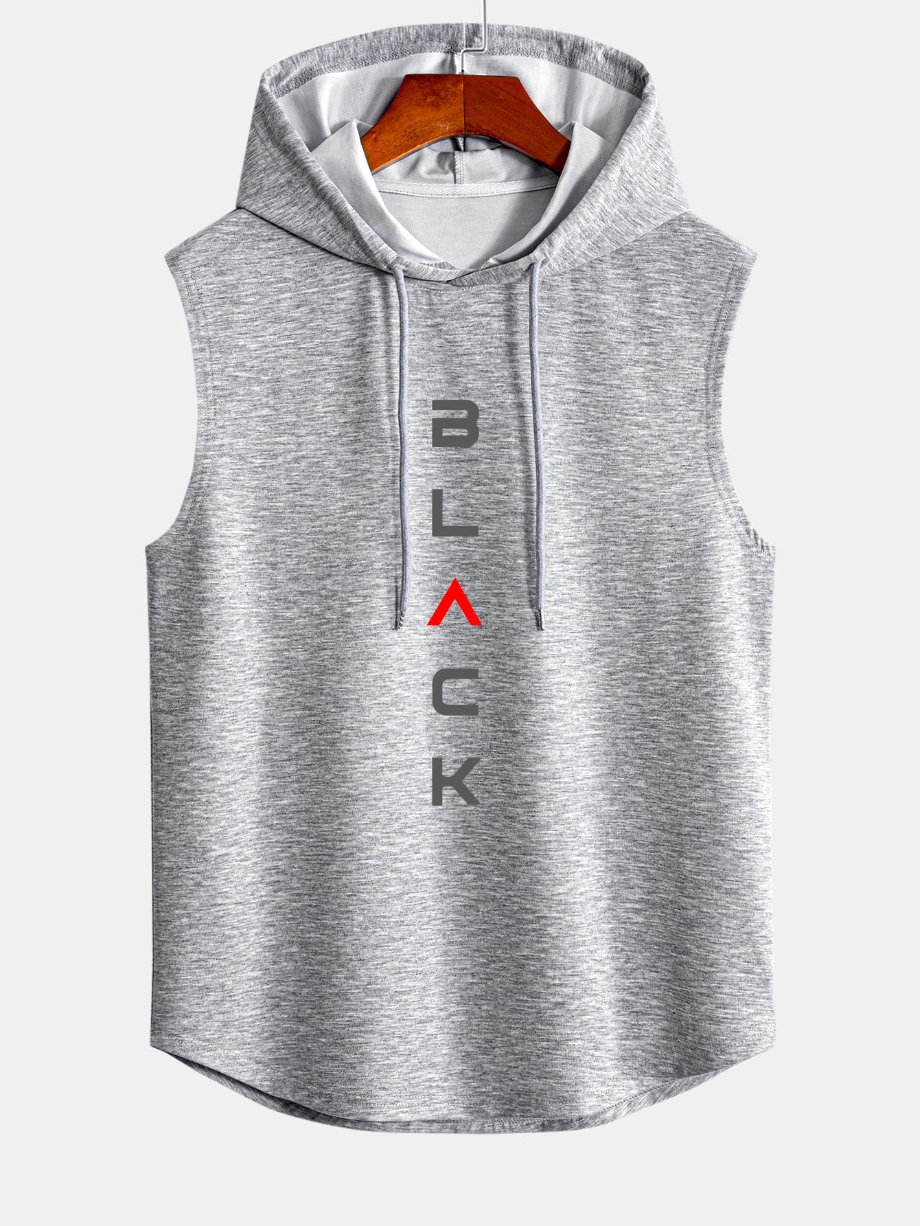 Black Print Curved Hem Sleeveless Hooded Tank Top