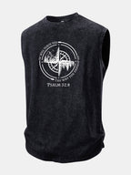 Mountain Compass Print Washed Distressed Tank Top