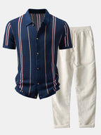 Stripe Textured Knit Shirt & Straight Leg Linen Pants