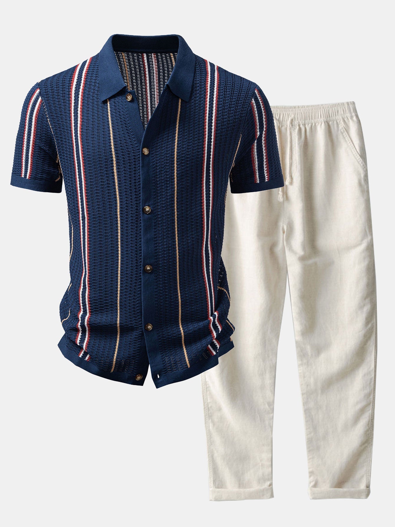 Stripe Textured Knit Shirt & Straight Leg Linen Pants