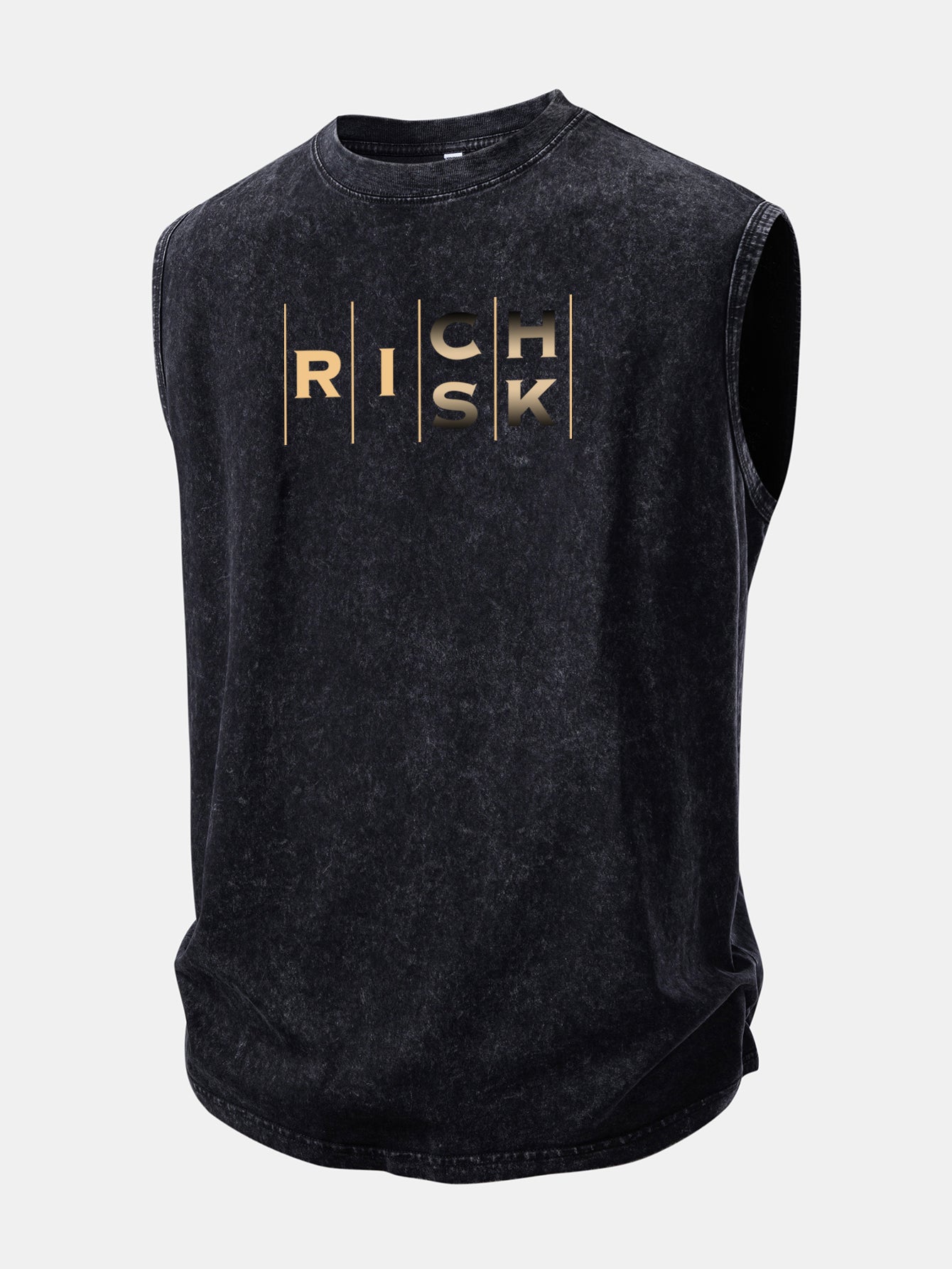 Rich Or Risk Print Washed Distressed Tank Top