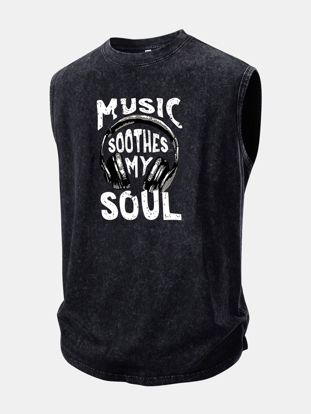 Music Headphones Print Washed Distressed Tank Top