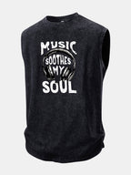 Music Headphones Print Washed Distressed Tank Top