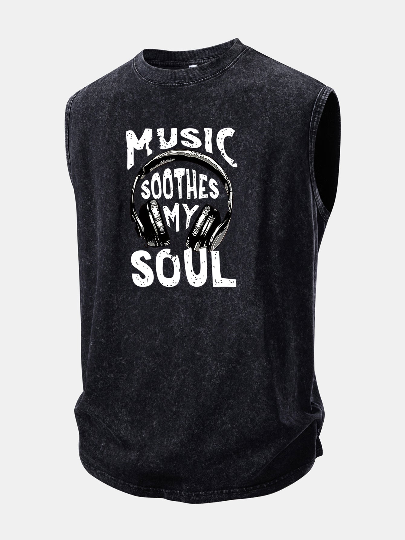 Music Headphones Print Washed Distressed Tank Top