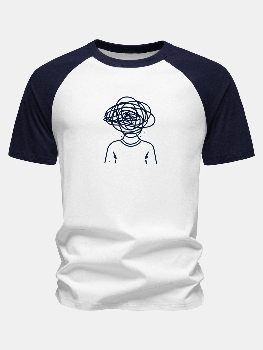 Overthinking Scribble Head Print Cotton Raglan Sleeve T-Shirt