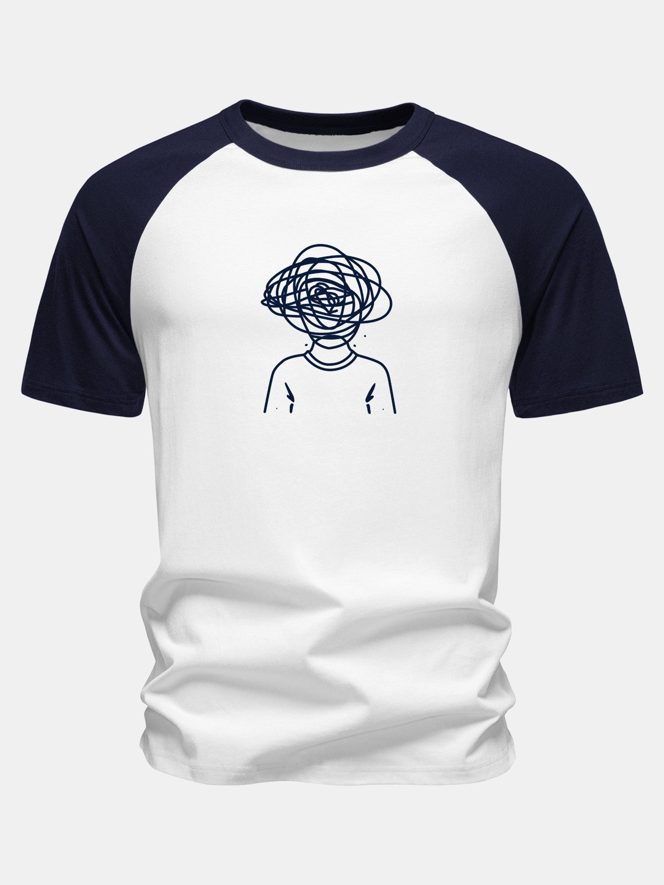 Overthinking Scribble Head Print Cotton Raglan Sleeve T-Shirt