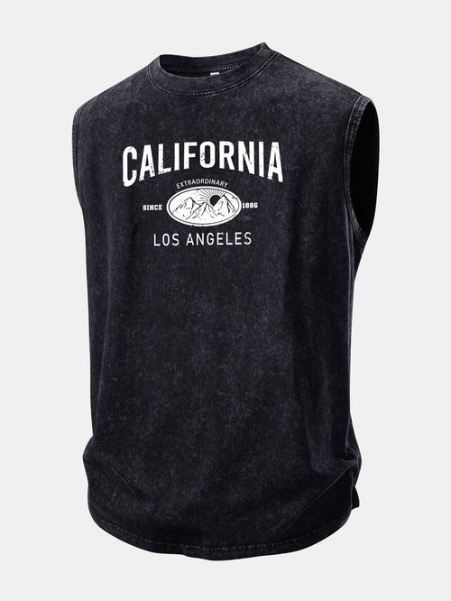 California Mountain Print Washed Distressed Tank Top
