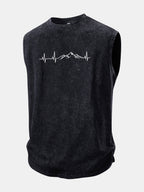Mountain Heartbeat Print Washed Distressed Tank Top