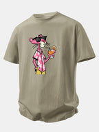 Relax Fit Vacation Pink Panther Print Crew Collar T-Shirt  & Drawstring Jersey 7" Shorts