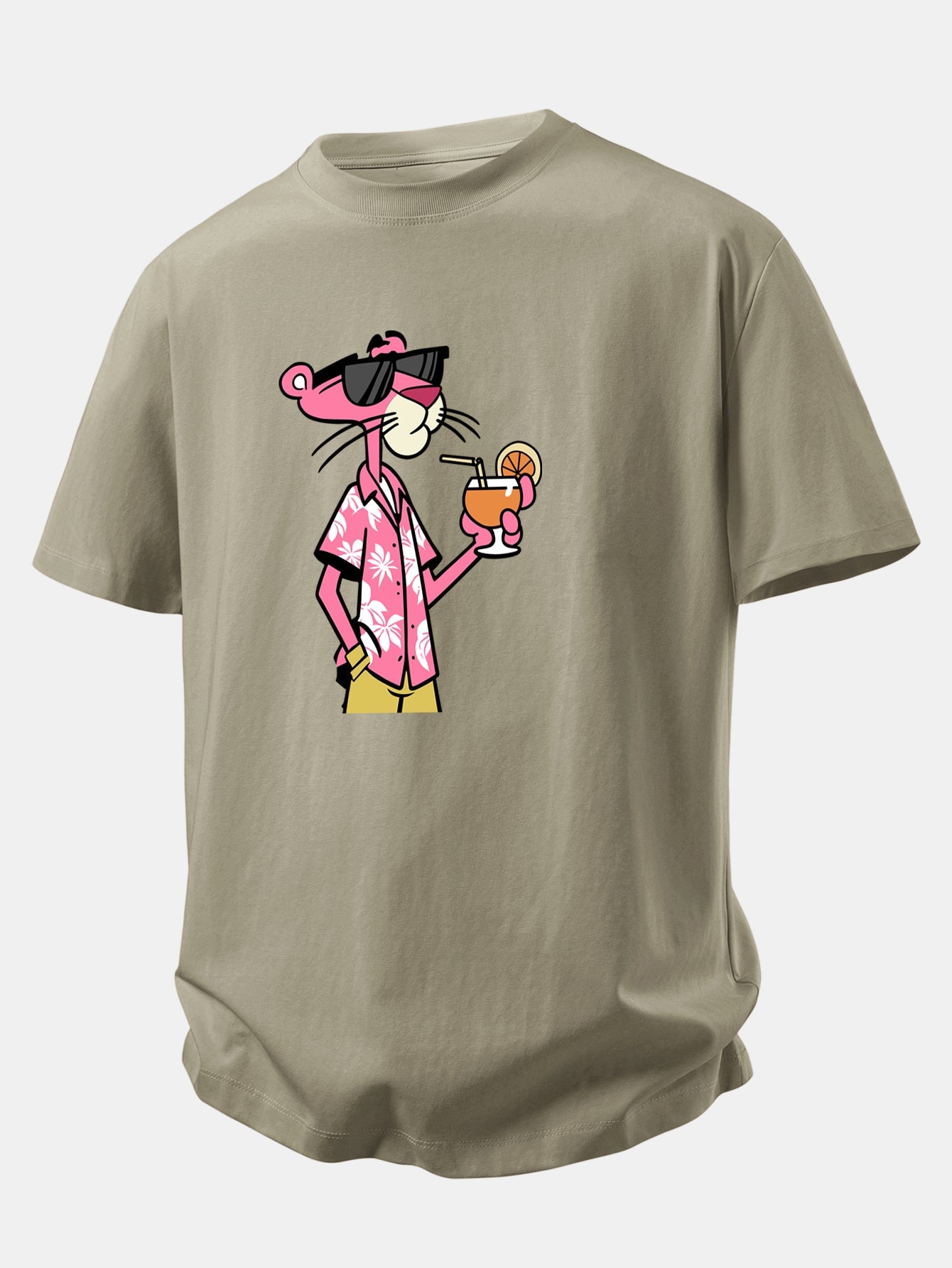 Relax Fit Vacation Pink Panther Print Crew Collar T-Shirt  & Drawstring Jersey 7" Shorts
