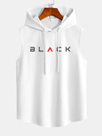Black Print Curved Hem Sleeveless Hooded Tank Top