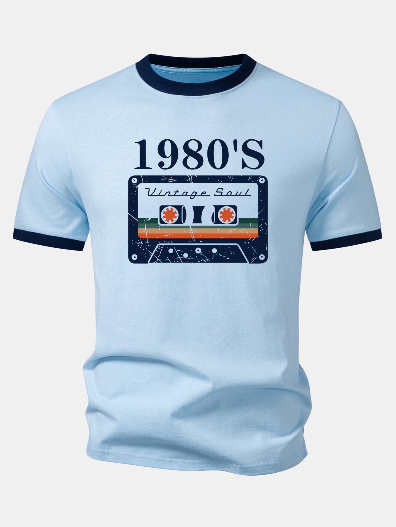 1980‘s Cassette Tape Print Contrast Ringer T-Shirt